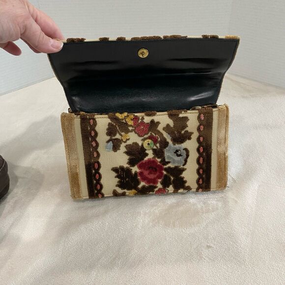 Vintage TANO Handbag Women\'s Color Brown 1950s Madrid Tapestry Hardshell Spain